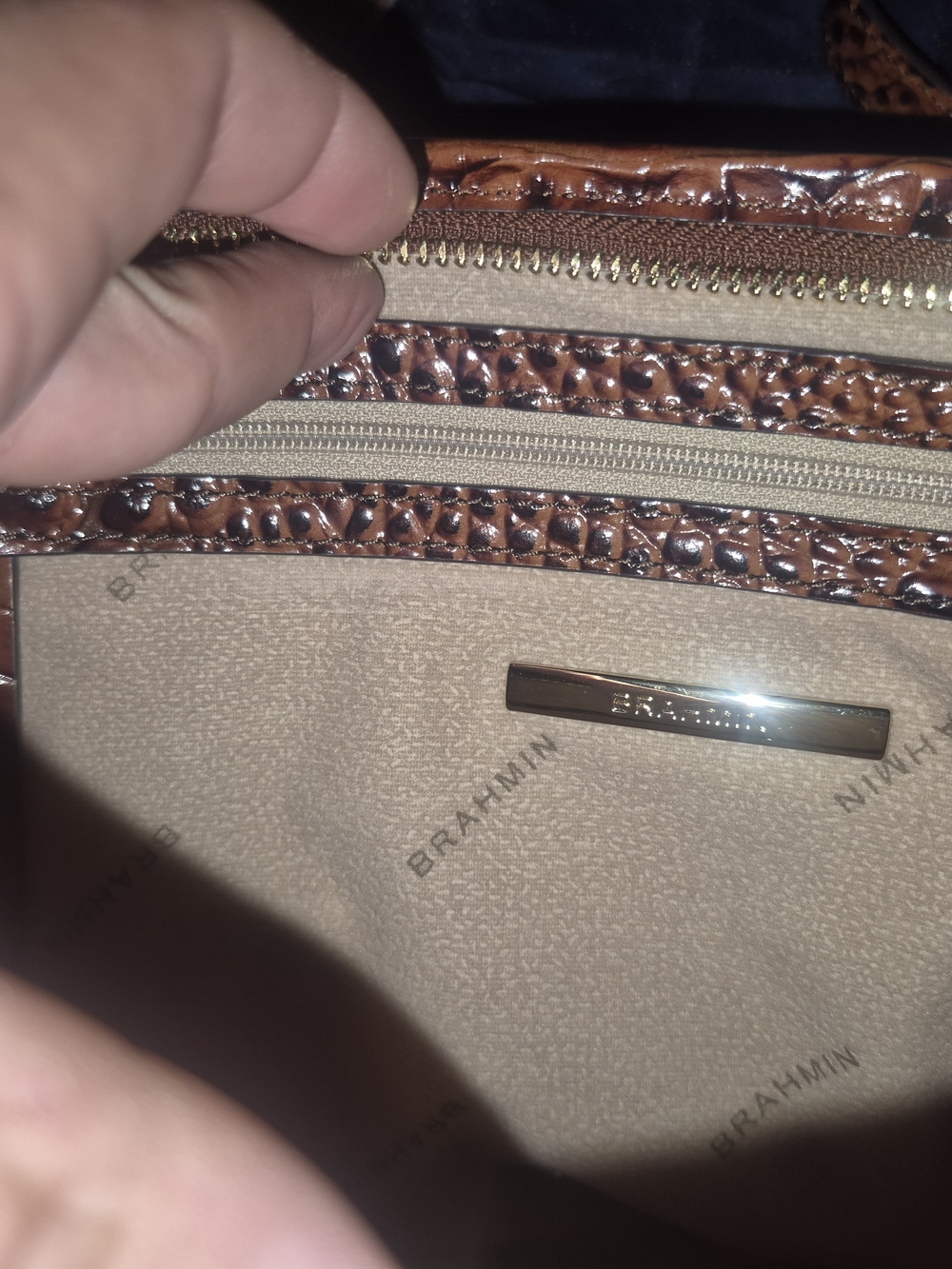 Brahmin Glossy Cognac Croc-Embossed Satchel with Gold Hardware - Picture 3 of 4